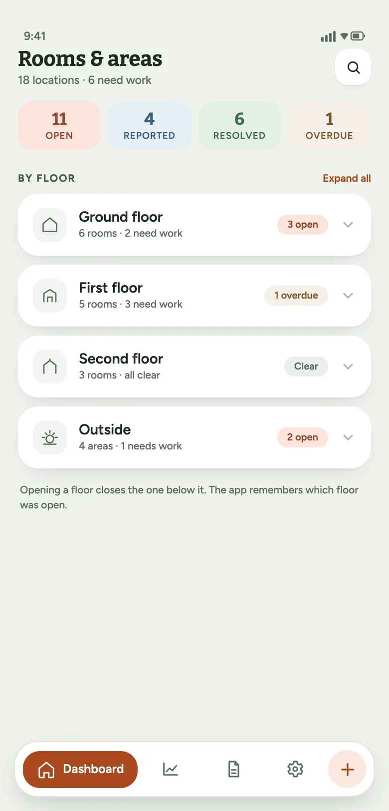 Snagly rooms screen, grouped by floor